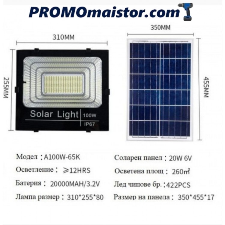 LED прожектор със соларен панел 100W , сензор за движение, дистанционно